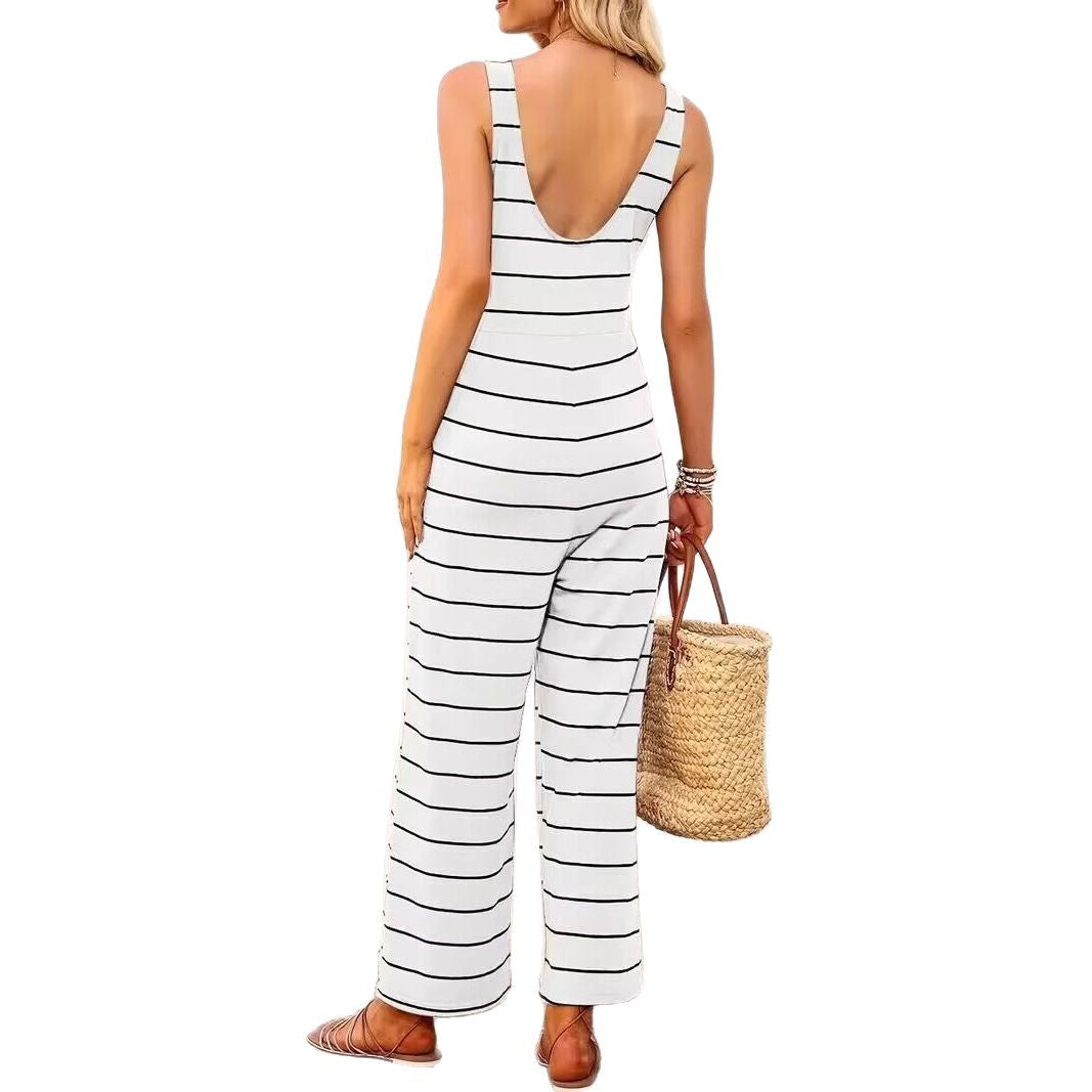 Damen lässiger Jumpsuit mit breitem Bein und maritimem Streifenmuster R&B