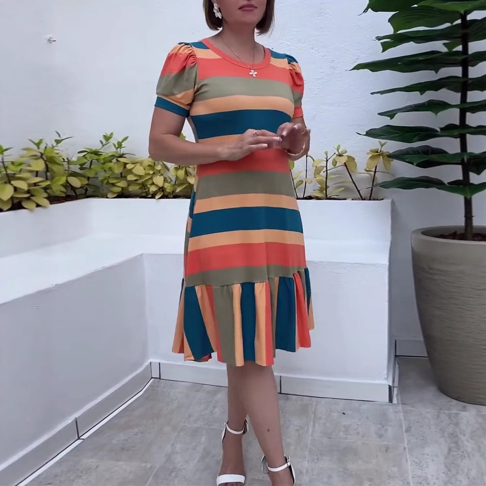 Damen nan gestreiftes Jerseykleid A-Linienschnitt mit kurzem Puffärmel und Volantstufe R&B