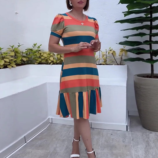 Damen nan gestreiftes Jerseykleid A-Linienschnitt mit kurzem Puffärmel und Volantstufe R&B