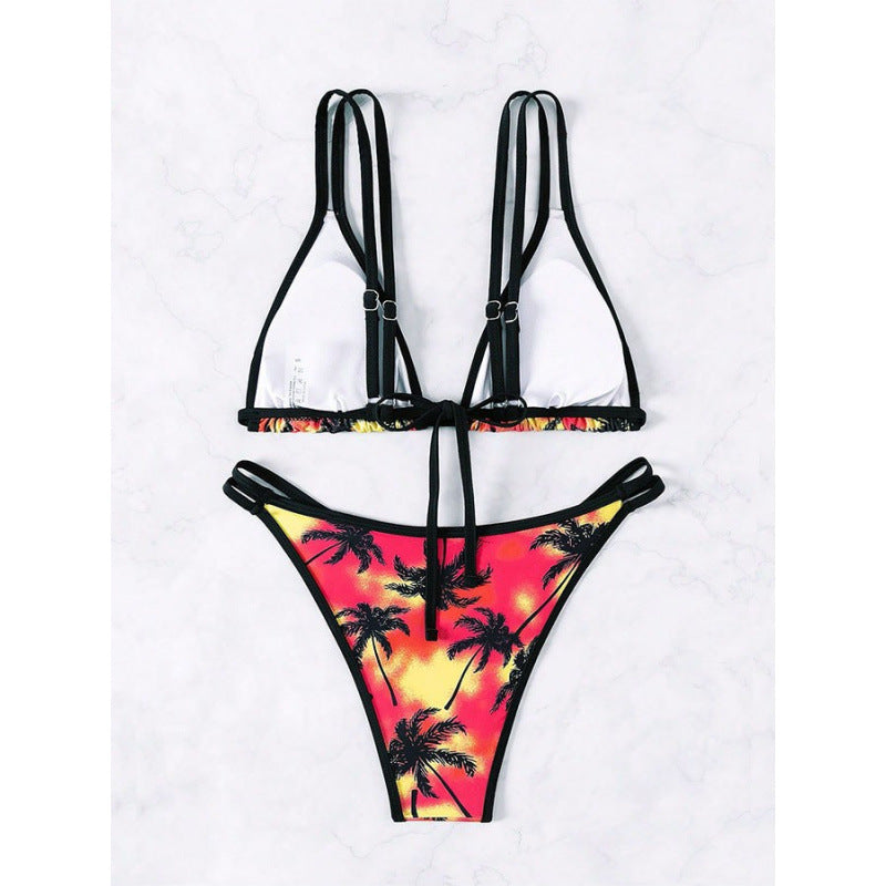 Damen Triangel-Bikini mit doppelten Trägern und trendigem Palmendruck R&B