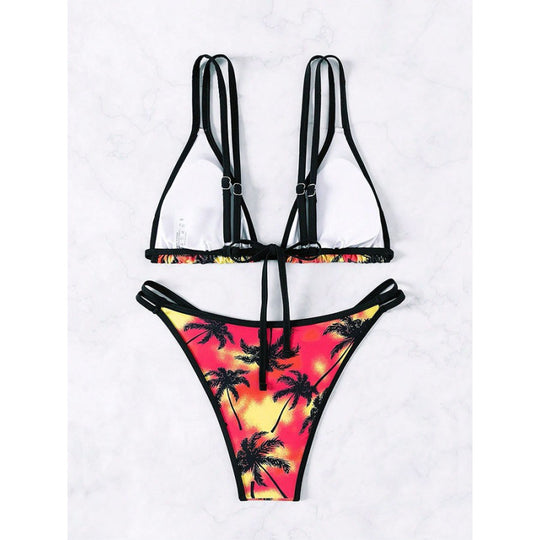 Damen Triangel-Bikini mit doppelten Trägern und trendigem Palmendruck R&B