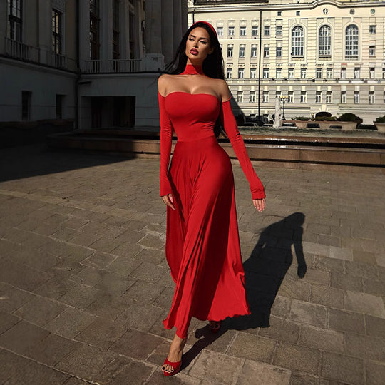 Damen Elegantes Off-Shoulder Maxikleid mit raffinierten langen Ärmeln R&B