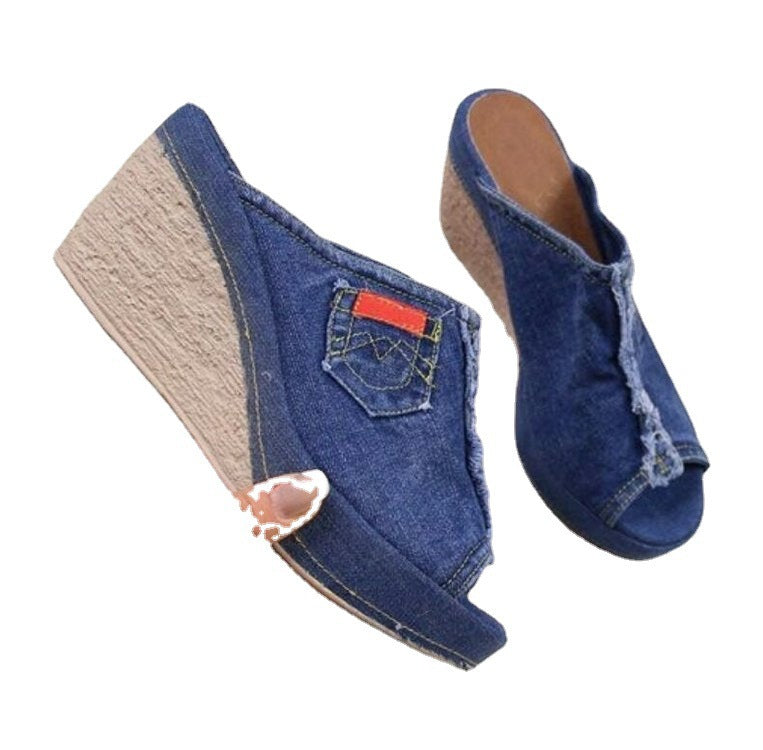 Damen Wedge-Sandalen mit modischem Denim-Design und offener Zehenpartie R&B