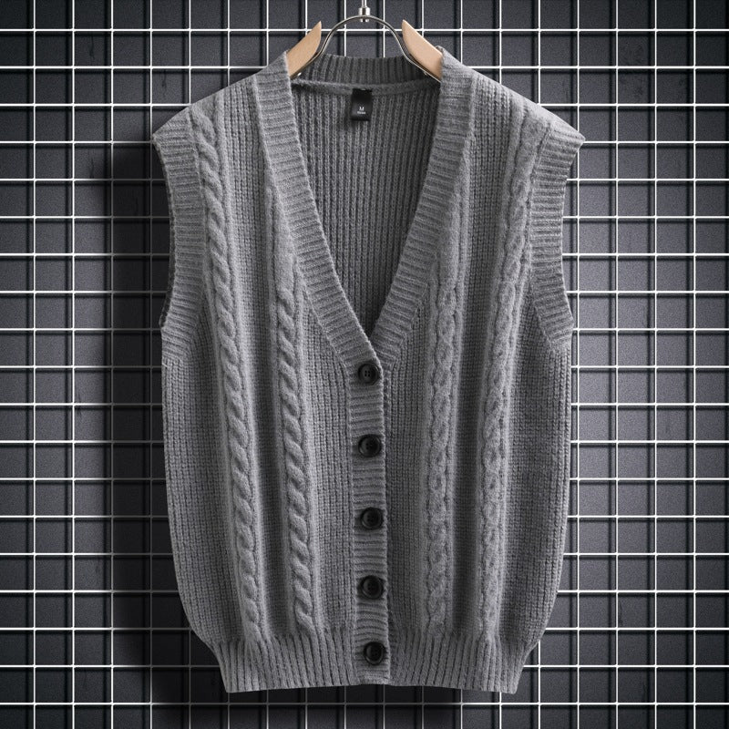 Herren ärmellose Strickjacke mit Zopfmuster und Knopfdetails R&B
