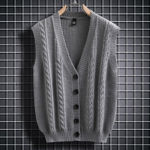 Herren ärmellose Strickjacke mit Zopfmuster und Knopfdetails R&B