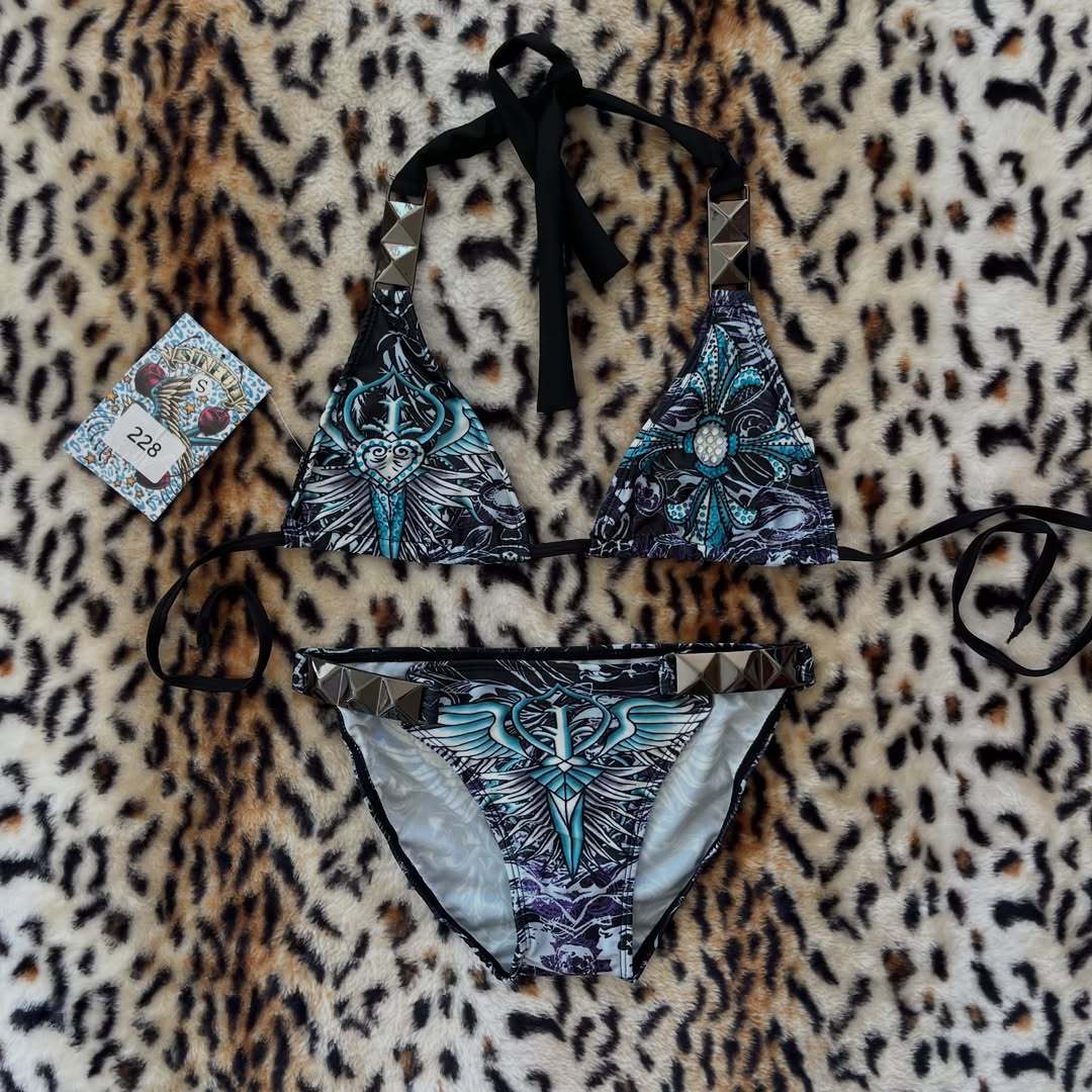 Damen Triangel-Bikini mit floralem Muster und Strass-Applikationen R&B