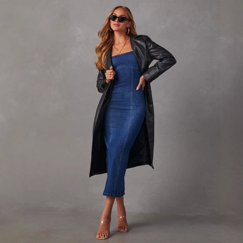 Damen Jeans-Midikleid mit schmalem Schnitt und Spaghettiträgern R&B