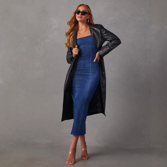 Damen Jeans-Midikleid mit schmalem Schnitt und Spaghettiträgern R&B
