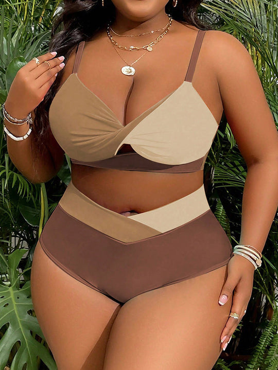 Damen Hochtailliertes Bikini-Set mit modischem Farbblock-Design R&B
