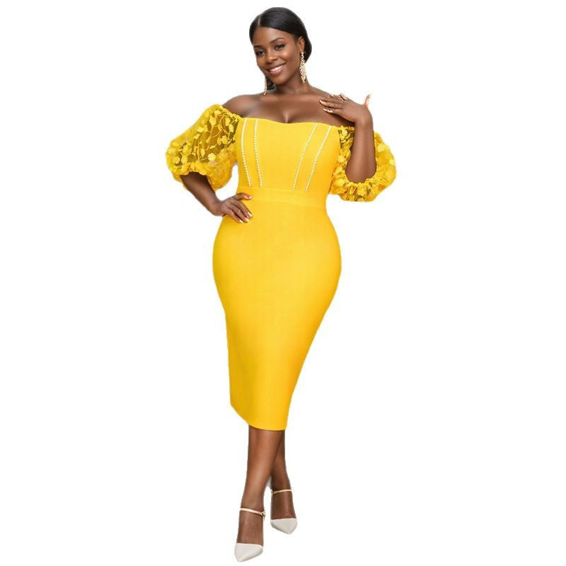 Damen figurbetontes Kleid mit verzierten Puffärmeln und Perlenakzenten R&B