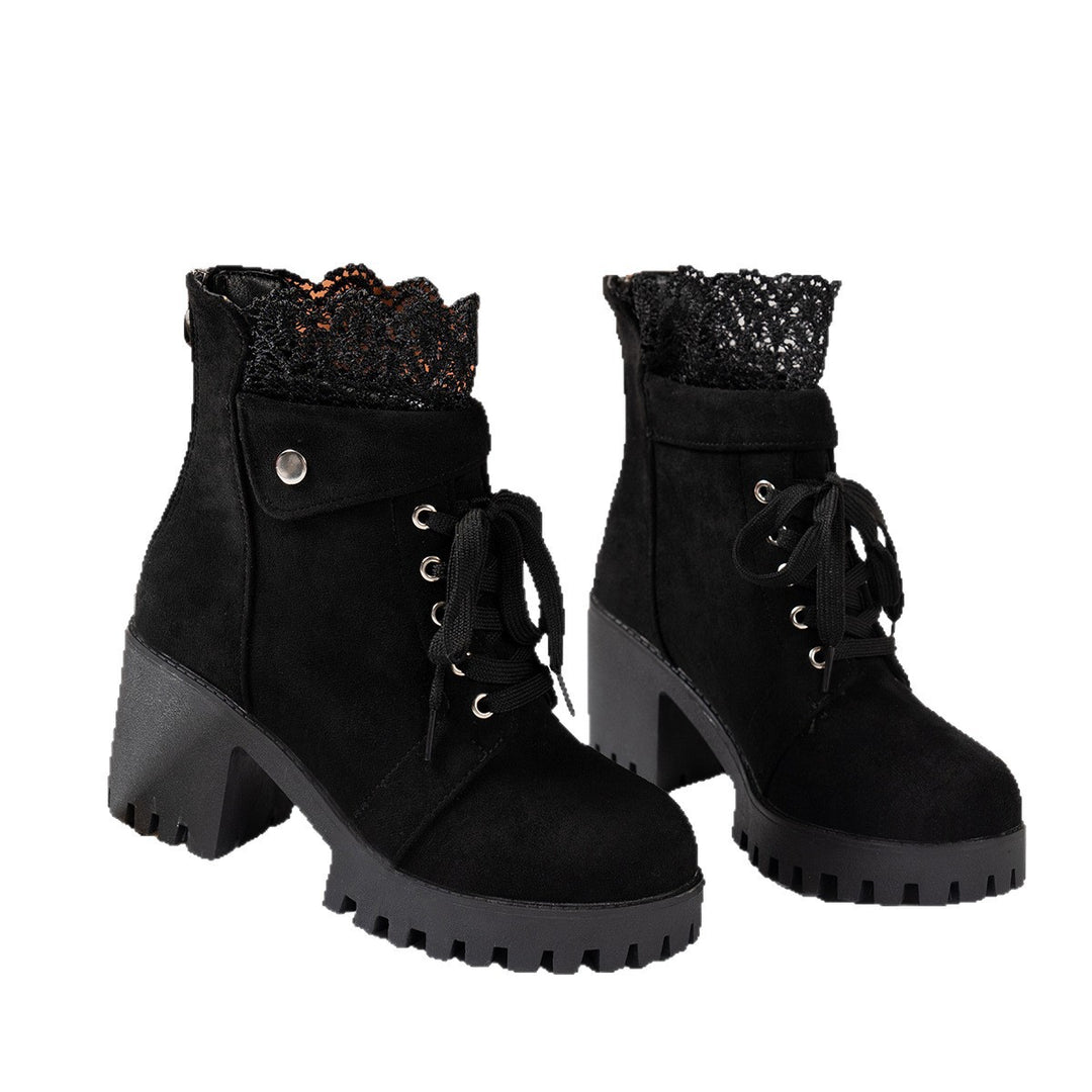 Damen nan Schnürstiefelette mit grober Profilsohle, mittelhohem Blockabsatz und Spitzenkragen R&B