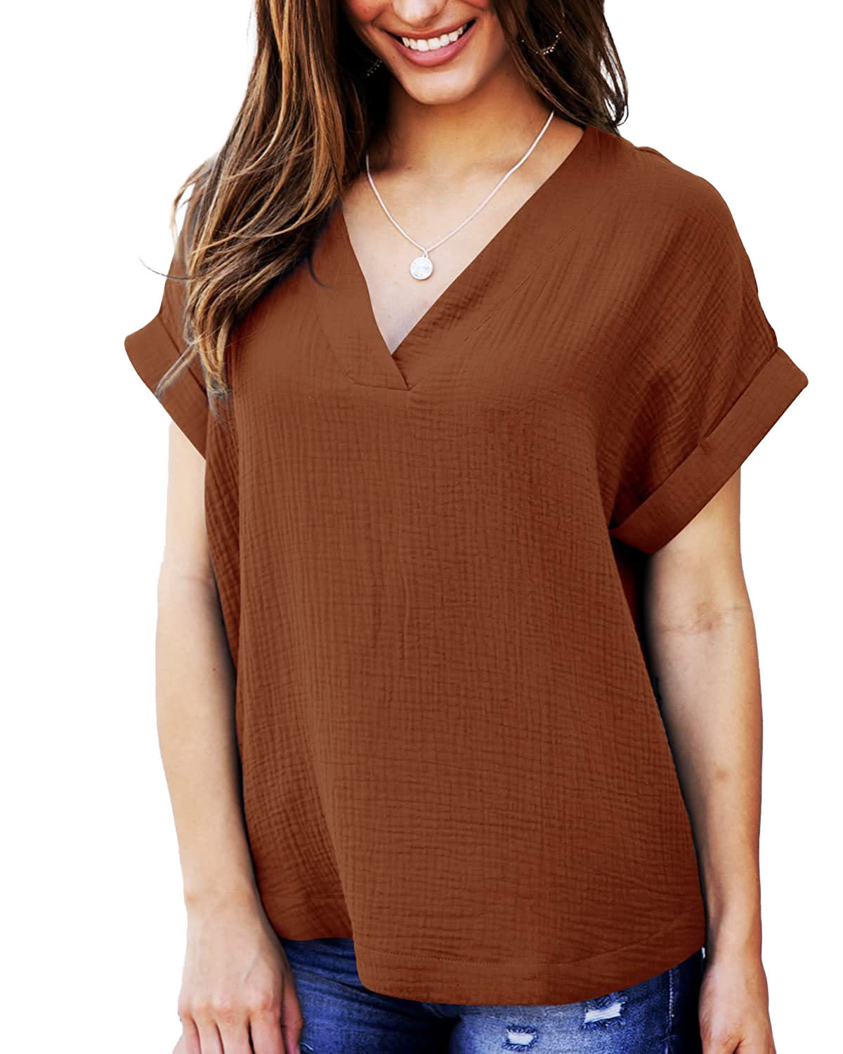 Damen lässiges V-Ausschnitt T-Shirt mit luftiger Passform und umgeschlagenen Ärmeln R&B
