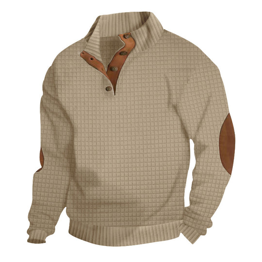 Herren nan waffelstruktur-Troyer mit Stehkragen Druckknopf-Leiste und Nappaleder-Ellenbogenpatches R&B