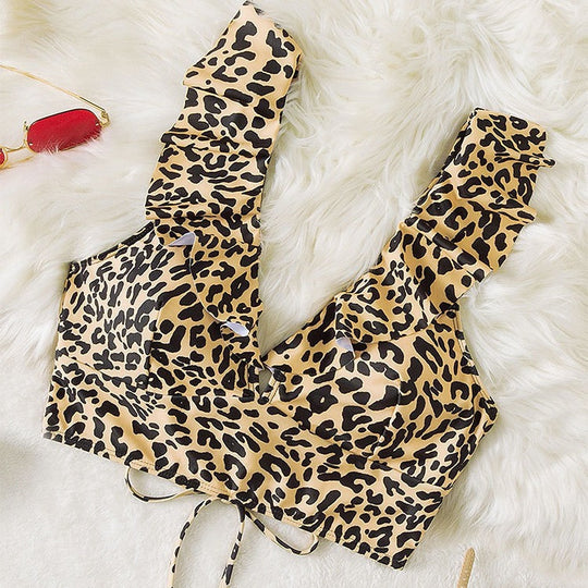 Damen Bikinioberteil mit modischem Leopardenmuster und Rüschendetails R&B