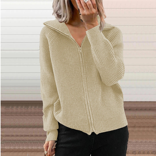 Damen bequeme Strickjacke mit hohem Kragen und durchgehendem Reißverschluss R&B