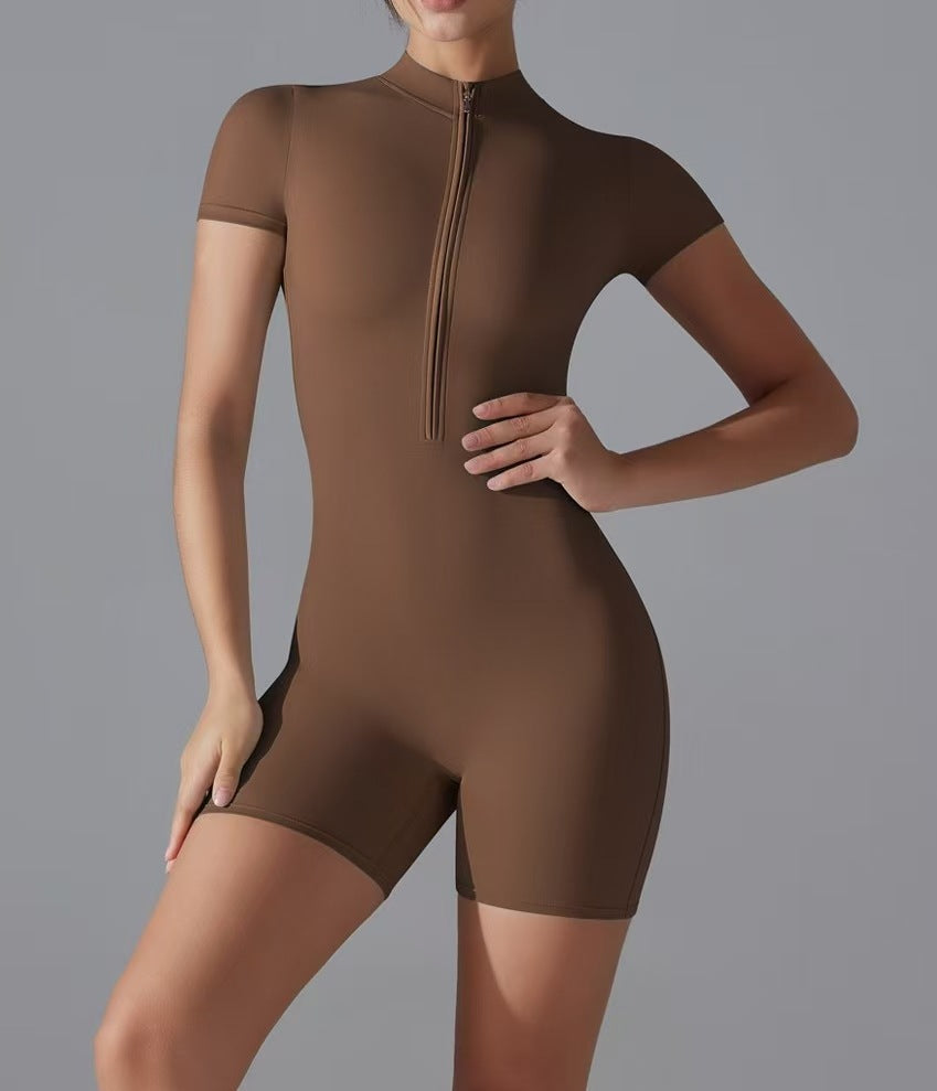 Damen Sportliche Kurzarm-Jumpsuit mit Reißverschluss R&B