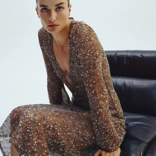 Damen Glamouröses Paillettenkleid mit tiefem V-Ausschnitt und langen Ärmeln R&B