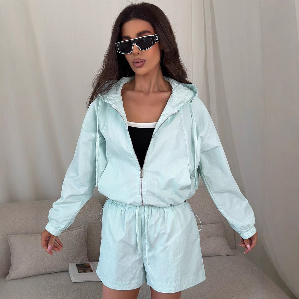 Damen lässiges Windbreaker-Set mit kurzen Hosen und Kapuze R&B