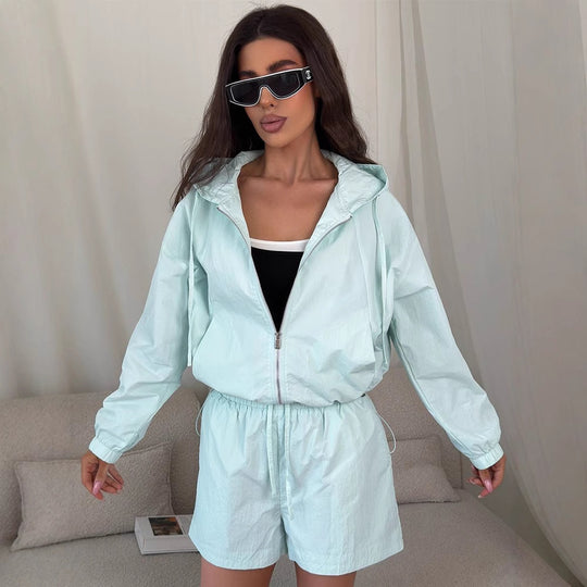 Damen lässiges Windbreaker-Set mit kurzen Hosen und Kapuze R&B
