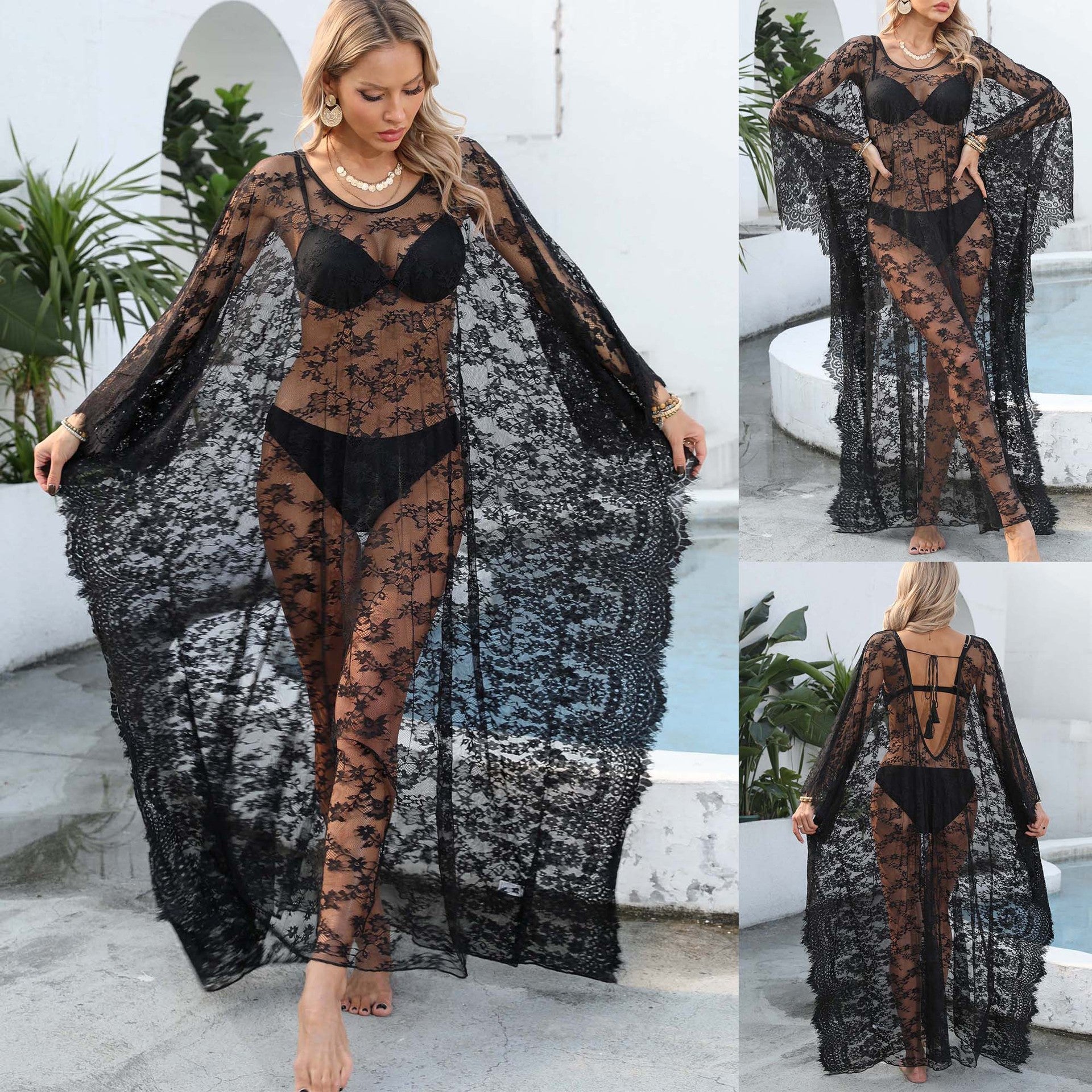Damen transparenter Häkel-Kaftan R&B