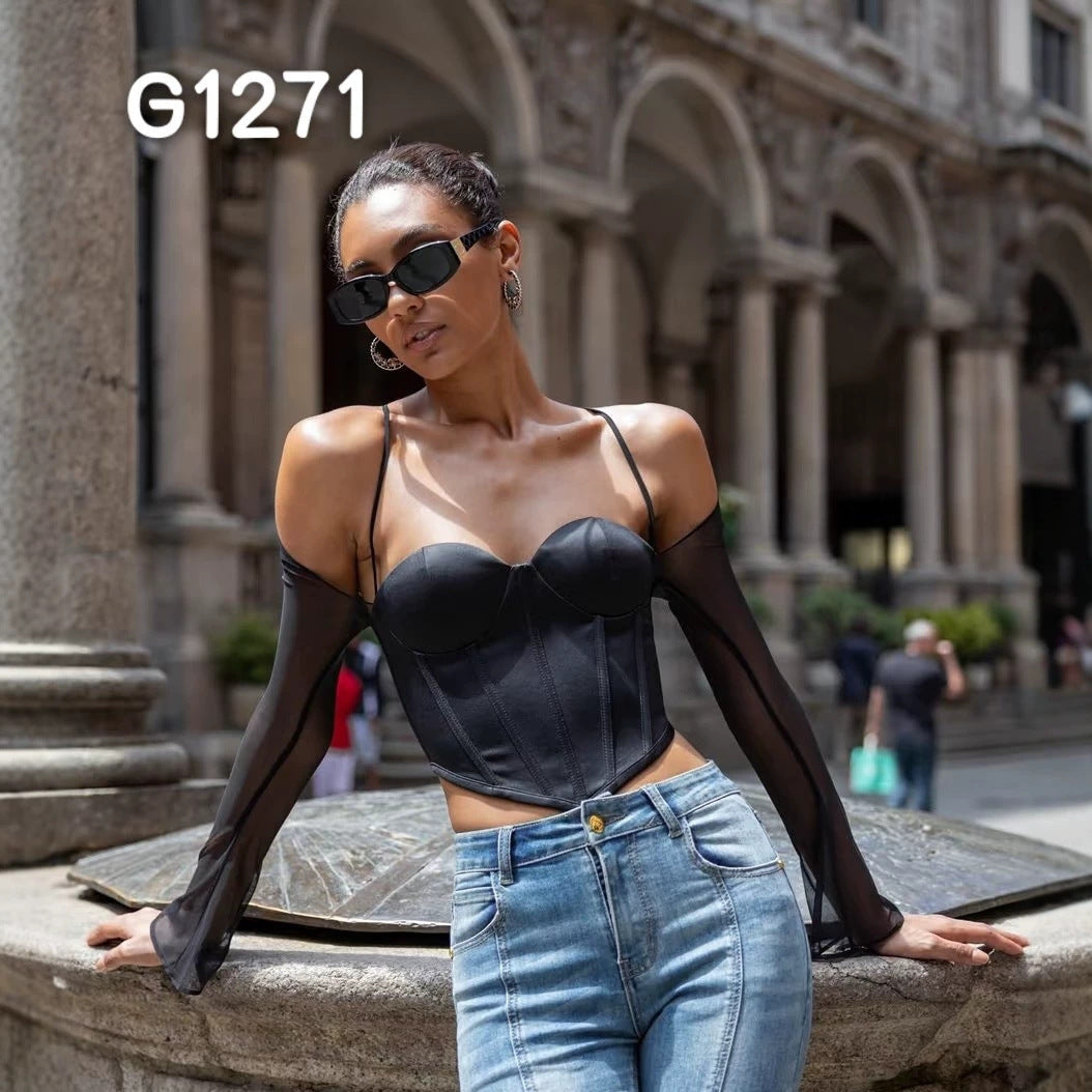 Damen Elegante Corsage-Bluse mit transparenten Ärmeln R&B