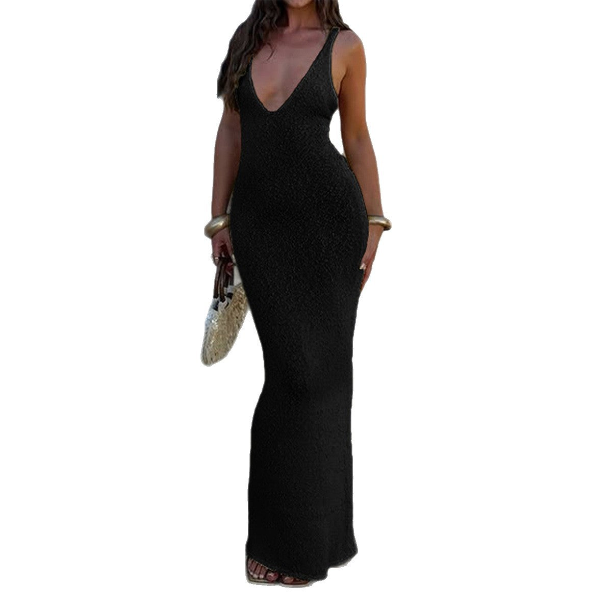 Damen Elegantes Maxikleid mit tiefem V-Ausschnitt und figurbetonter Silhouette R&B