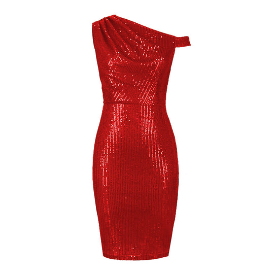 Damen Figurbetontes Pailletten-Kleid mit asymmetrischem Ausschnitt R&B