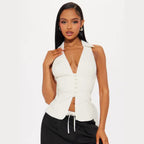 Damen elegant geschnittenes Wickeloberteil mit Knopfleiste und Kragen R&B