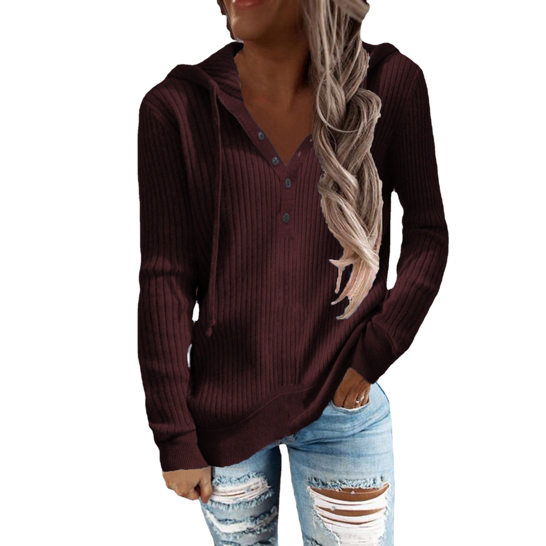 Damen Kapuzenpullover im modischen Rippdesign mit Knopfleiste R&B