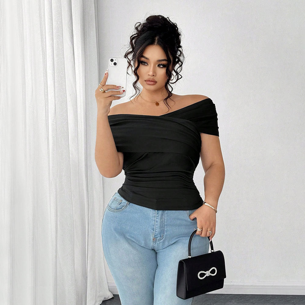 Damen elegantes Wickeloberteil mit schulterfreiem Design und Raffung R&B