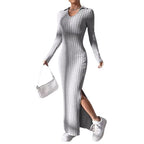 Damen Langarm Maxikleid mit V-Ausschnitt und seitlichem Schlitz R&B