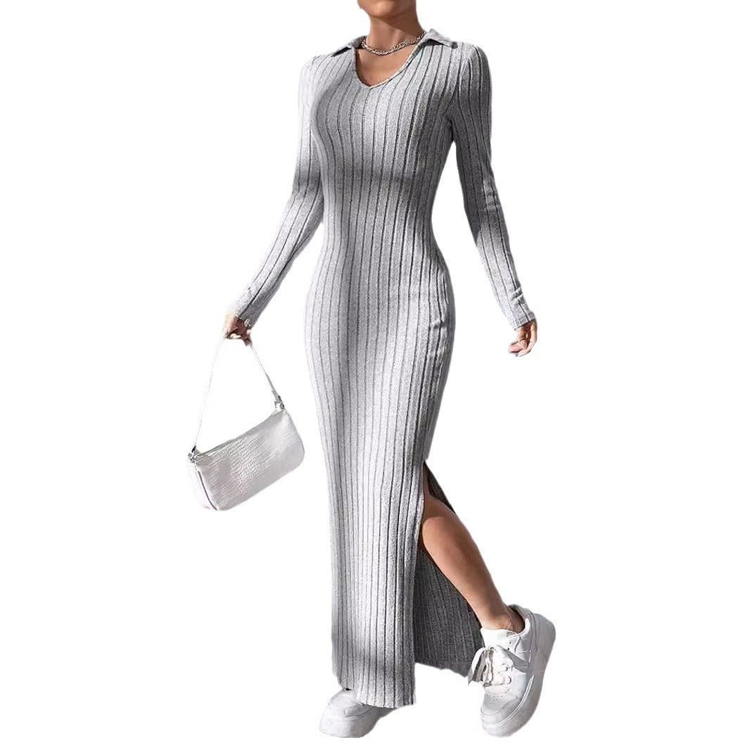 Damen Langarm Maxikleid mit V-Ausschnitt und seitlichem Schlitz R&B