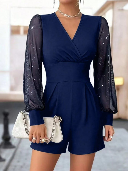 Damen eleganter Jumpsuit mit transparenten Puffärmeln und V-Ausschnitt R&B