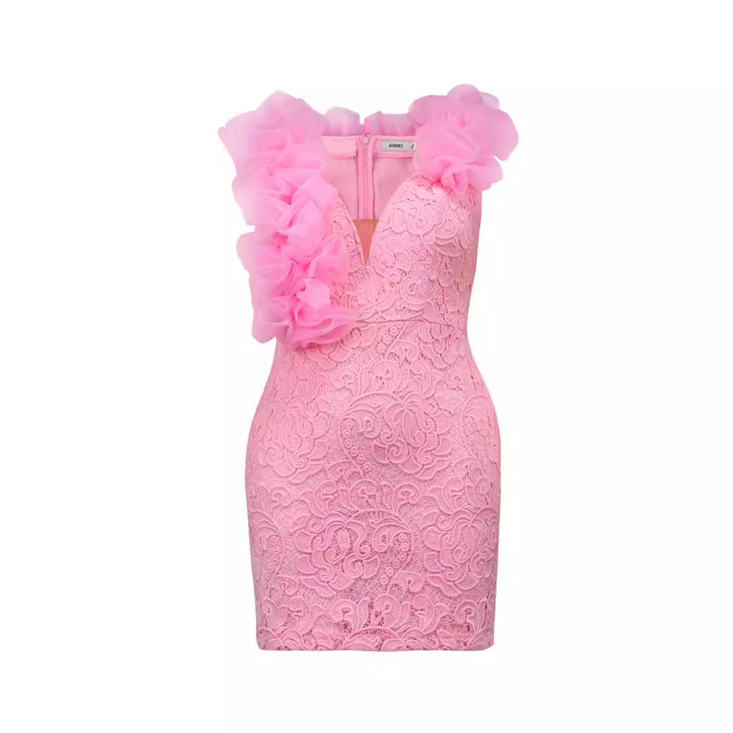 Damen Minimal Kleid mit luxuriöser Spitzenstickerei und Rüschen R&B