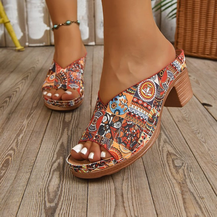 Damen Plateau-Pantoletten mit buntem, bohemian-inspiriertem Design R&B