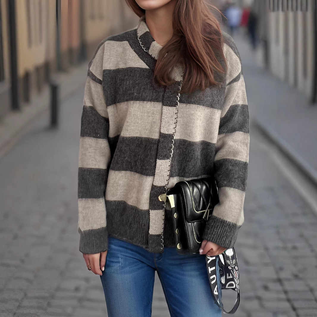 Damen lässiger Strickpullover mit modernem Streifenmuster und dekorativem Schal R&B