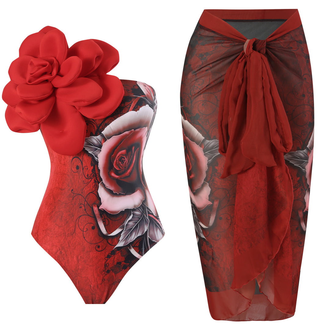 Damen Eleganter Badeanzug mit großem Blumen-Detail und transparentem Überrock R&B