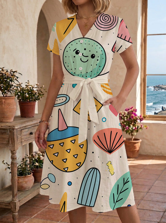 Damen Midikleid mit farbenfrohem Blumendesign und taillierbarem Bindegürtel R&B