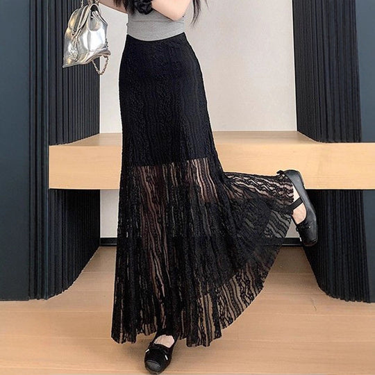 Damen Eleganter Maxi-Rock mit transparenter Spitze und Falten R&B
