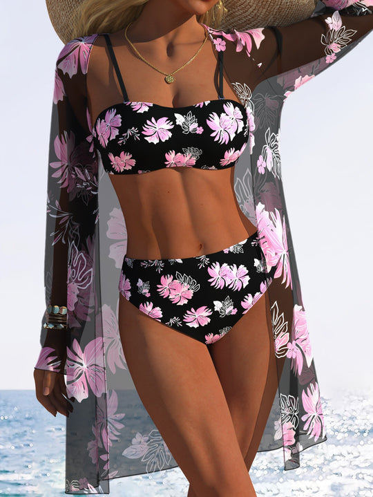 Damen Bikini-Set mit floralem Design und transparenter Strandjacke R&B