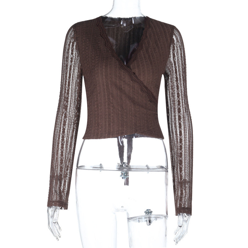 Damen elegantes Wickeloberteil mit transparenten Ärmeln und raffinierter Rüsche R&B