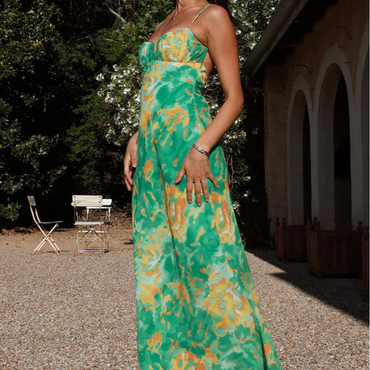 Damen Maxikleid mit Volantoberteil und verstellbaren Trägern R&B