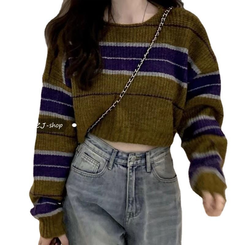 Damen kurz geschnittener Strickpullover mit horizontalem Streifenmuster R&B