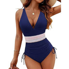 Damen Stylish Einteiler Badeanzug mit verstellbaren Trägern und Zierbund R&B