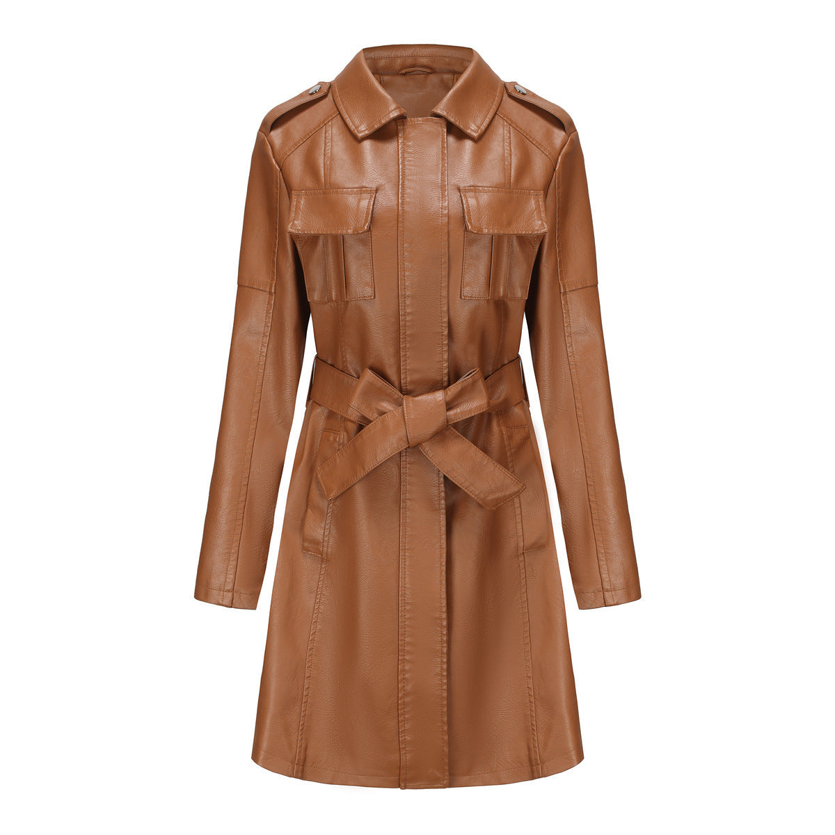 Damen nan langer Kunstleder-Trenchcoat mit Taillengürtel und Schulterriegeln R&B