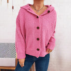 Damen kuschelige Strickjacke mit Kapuze und Knopfdetails R&B