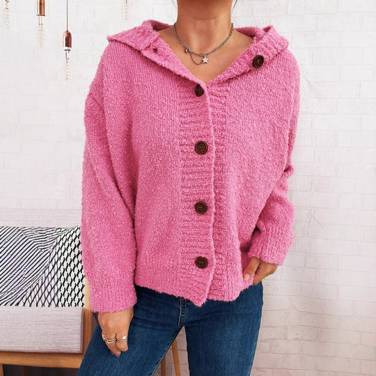 Damen kuschelige Strickjacke mit Kapuze und Knopfdetails R&B