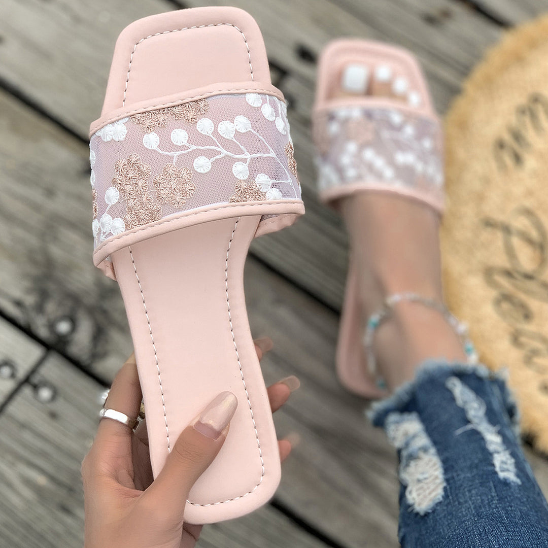 Damen elegante Pantoletten mit floralem Spitzen-Design und weich gepolsterter Sohle R&B