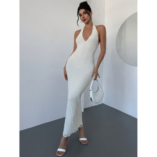 Damen Glamouröses Abendkleid mit hochgeschlossenem Design und funkelnden Perlendetails R&B