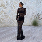 Damen Spitzenmaxikleid mit transparentem Langarmdesign und figurformendem Schnitt R&B